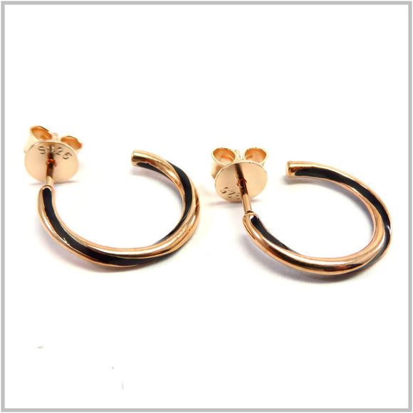 TU1.219 Twisted Black Enamel Rose Gold Plated Sterling Silver Hoop Earrings