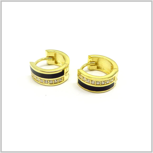 TU1.63 Cubic Zirconia Black Enamel Gold Plated Sterling Silver Hoop Earrings