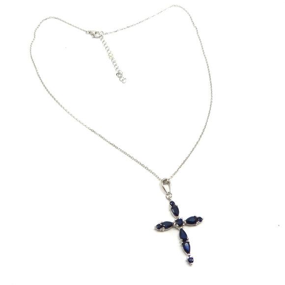 AN10.20 Cross Blue Sapphire Necklace Sterling Silver