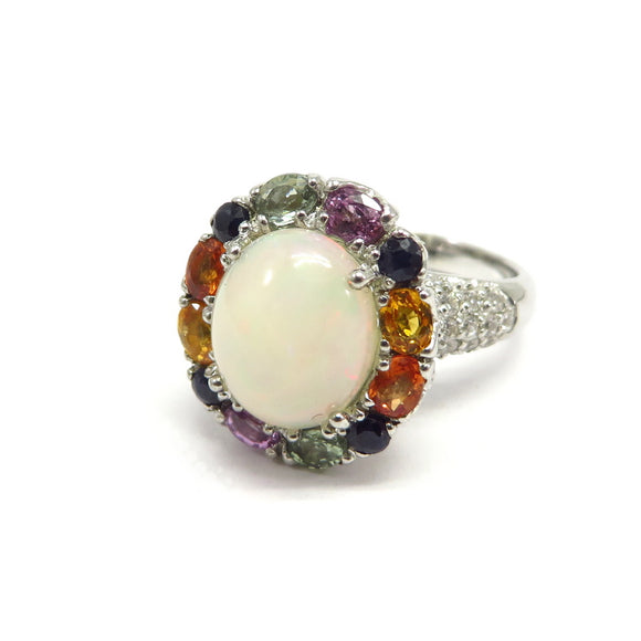 AN10.25 Opal Multi-Colored Sapphires Cubic Zirconia Ring Sterling Silver