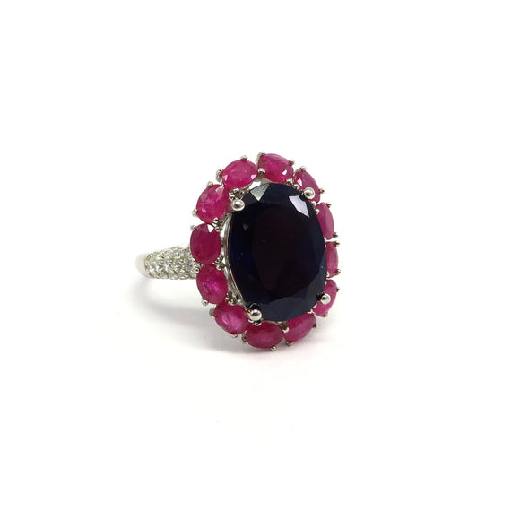 AN10.27 Oval Blue Sapphire and Ruby Ring Sterling Silver