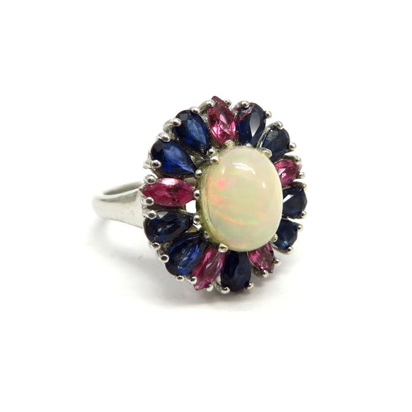 AN10.29 Opal and Multi-Colored Sapphire Ring Sterling Silver