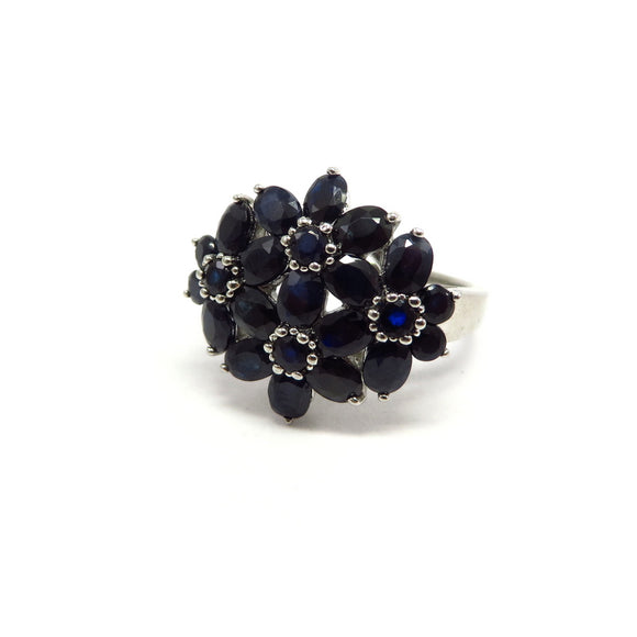 AN10.40 Flower Bunch Blue Sapphire Ring Sterling Silver