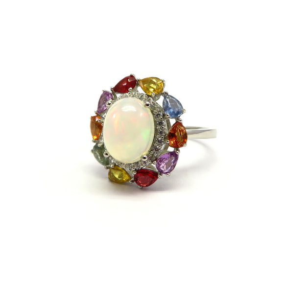 AN11.55 Flower Opal Cubic Zirconia Multi-Colored Sapphire Ring Sterling Silver