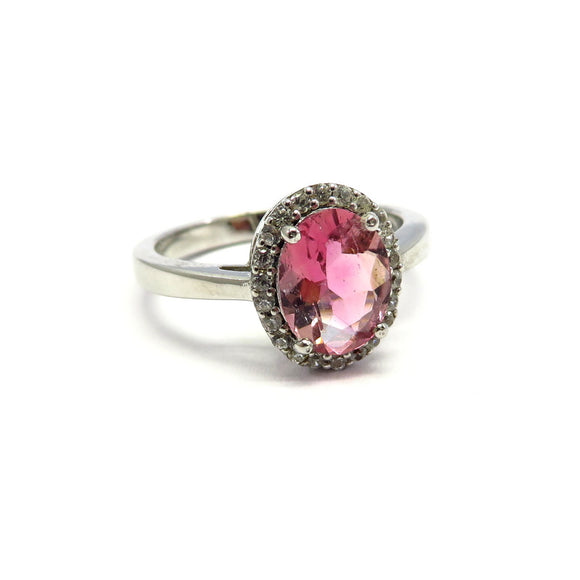 AN11.76 Pink Tourmaline Cubic Zirconia Ring Sterling Silver
