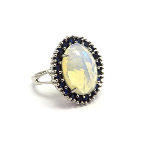AN11.79 Oval Opal Blue Sapphire Ring Sterling Silver