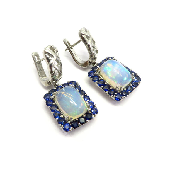 AN11.87 Rectangular Opal Blue Sapphire Drop Earrings Sterling Silver