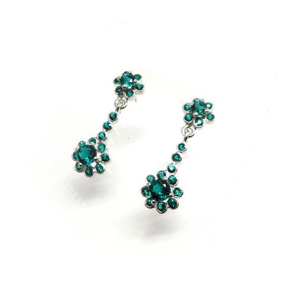 AN9.142 Created Emerald Flower Drop Earrings Sterling Silver