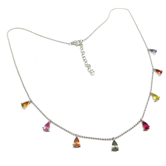 AN9.150 Triangle Teardrop Multi-Colored Sapphire Necklace Sterling Silver