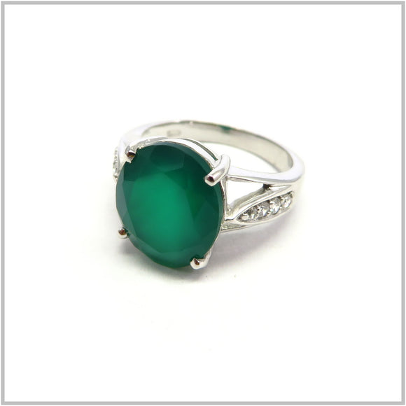 AN9.6 Oval Green Agate Cubic Zirconia Ring Sterling Silver