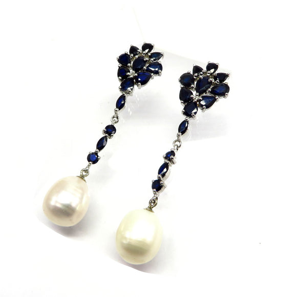 AN9.79 Freshwater Pearl Blue Sapphire Drop Earrings Sterling Silver