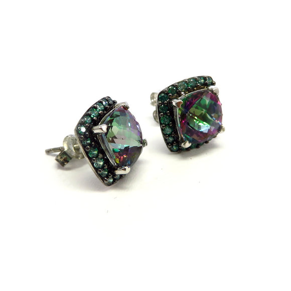 FP1.23 Square Mystic Topaz and Signity Green Cubic Zirconia Earrings Sterling Silver