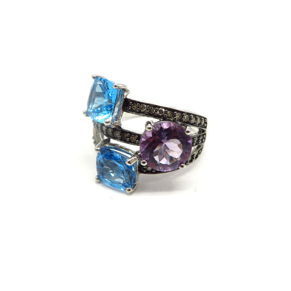 FP1.38 Pink Amethyst Blue Topaz and Chocolate Diamond Ring Sterling Silver