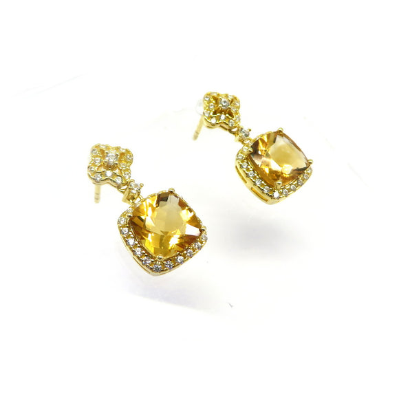 HG32.74 Square Citrine Cubic Zirconia Earrings Gold Plated Sterling Silver
