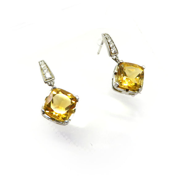 HG32.86 Square Citrine Cubic Zirconia Drop Earrings Sterling Silver