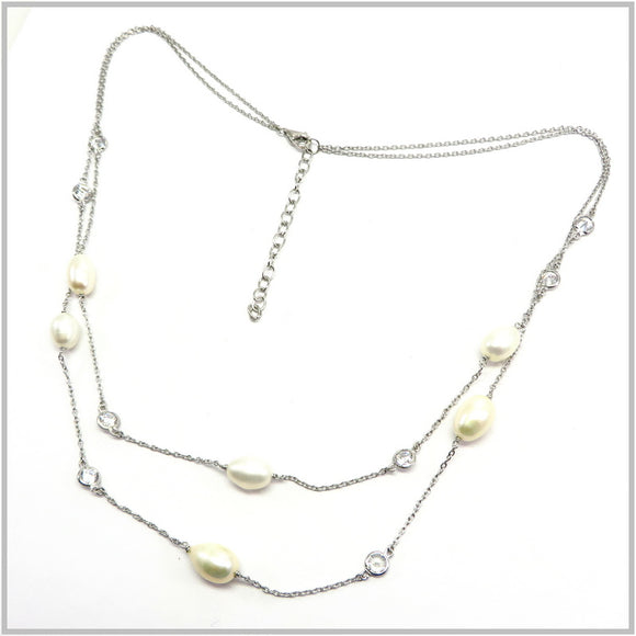 PS13.49 Double String Freshwater Pearl Sterling Silver Necklace