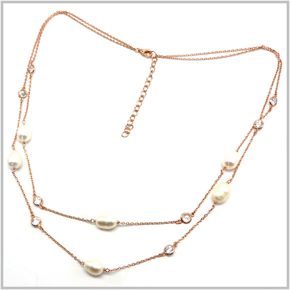 PS13.51 Double String Freshwater Pearl Rose Gold Plated Sterling Silver Necklace