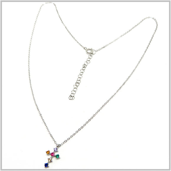 PS13.55 Multi-Colored Cubic Zirconia Cross Sterling Silver Necklace