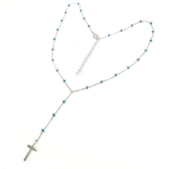 PS15.103 Extended Cross Blue Enamel Sterling Silver Necklace