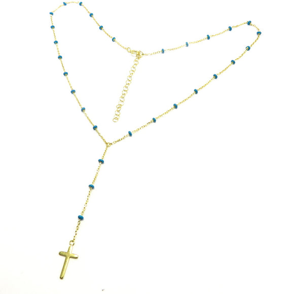 PS15.104 Extended Cross Necklace Blue Enamel Gold Plated Sterling Silver