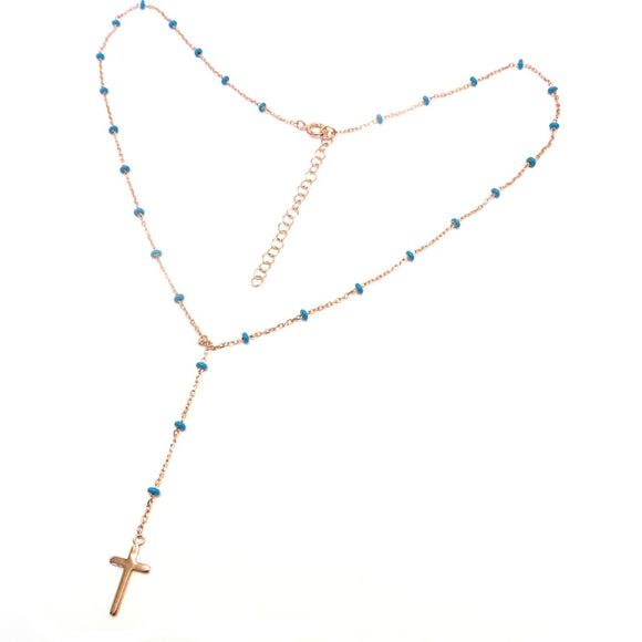 PS15.105 Extended Cross Necklace Blue Enamel Rose Gold Plated Sterling Silver