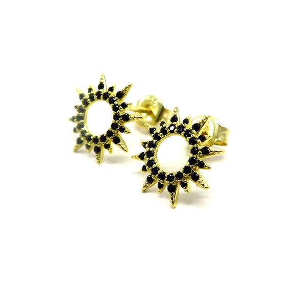 PS15.11 Hollow Star Black Cubic Zirconia Earrings Gold Plated Sterling Silver