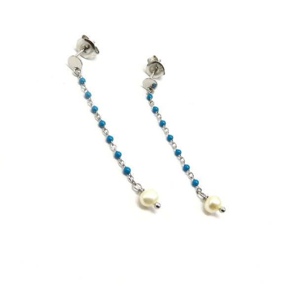 PS15.120 Freshwater Pearl Blue Enamel Drop Earrings Sterling Silver