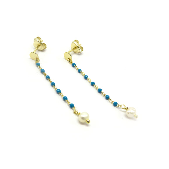 PS15.121 Freshwater Pearl Blue Enamel Drop Earrings Gold Plated Sterling Silver