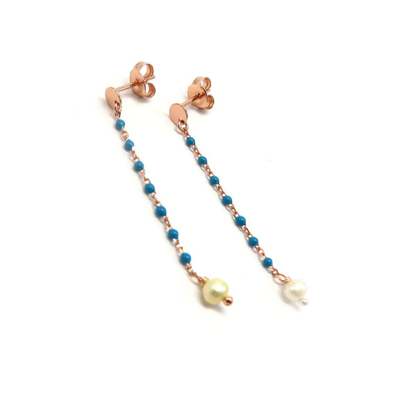 PS15.122 Freshwater Pearl Blue Enamel Drop Earrings Rose Gold Plated Sterling Silver