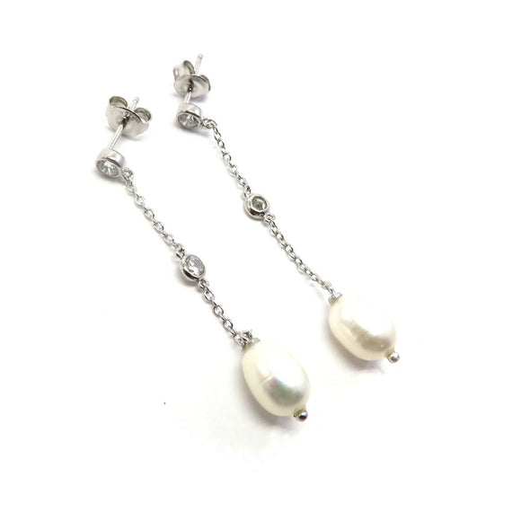 PS15.22 Freshwater Pearl Cubic Zirconia Drop Earrings Sterling Silver