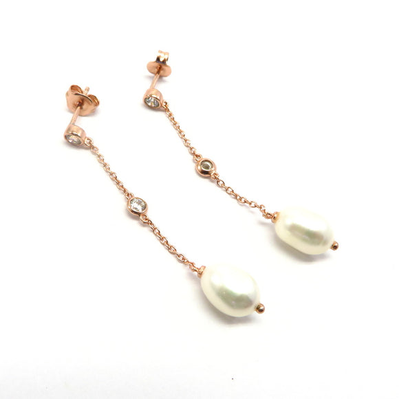 PS15.24 Freshwater Pearl Cubic Zirconia Drop Earrings Rose Gold Plated Sterling Silver