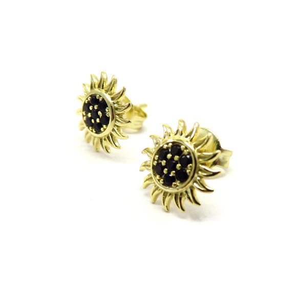 PS15.32 Sunflower Black Cubic Zirconia Stud Earrings Gold Plated Sterling Silver