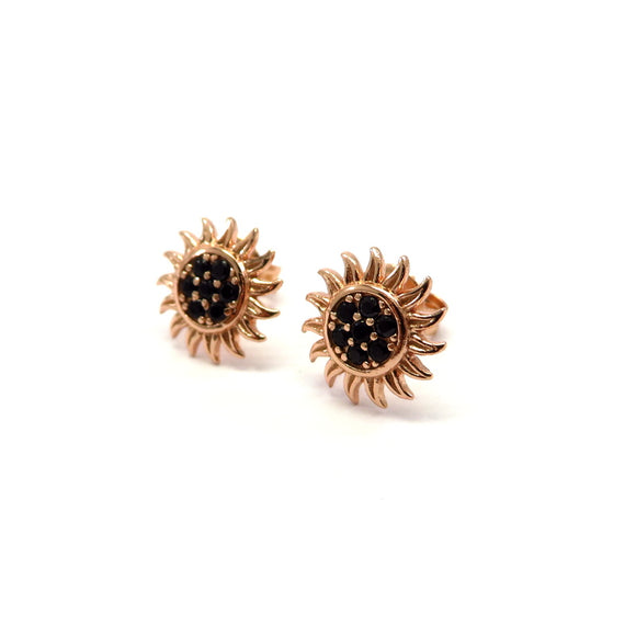 PS15.33 Sunflower Black Cubic Zirconia Stud Earrings Rose Gold Plated Sterling Silver