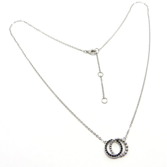 PS15.4 Double Circle Black Cubic Zirconia Necklace Sterling Silver