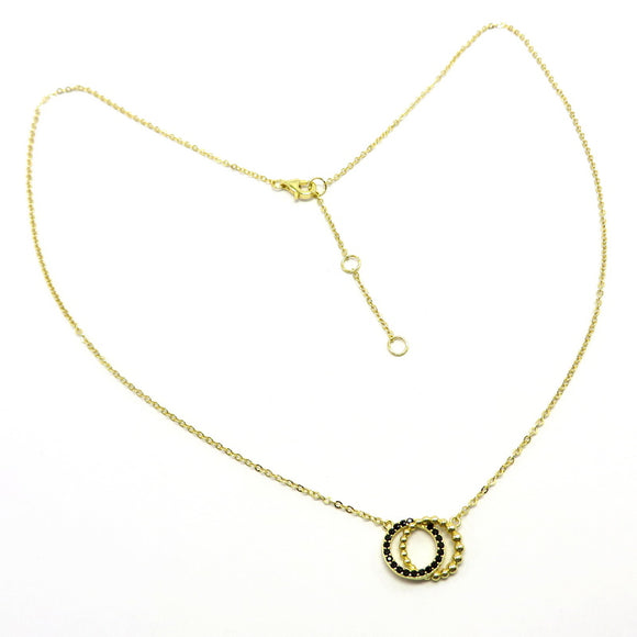 PS15.5 Double Circle Black Zirconia Necklace Gold Plated Sterling Silver