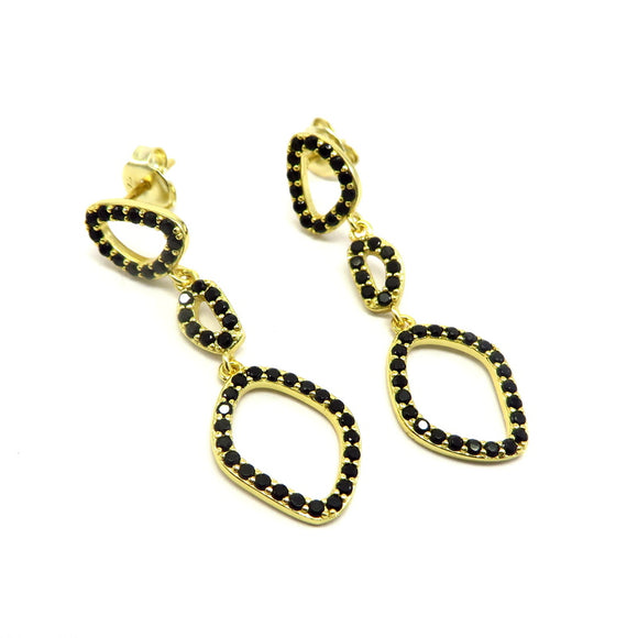 PS15.62 Triple Cut Out Drop Earrings Black Cubic Zirconia Gold Plated Sterling Silver