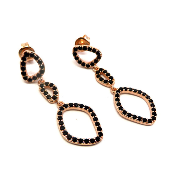 PS15.63 Triple Cut Out Drop Earrings Black Cubic Zirconia Rose Gold Plated Sterling Silver