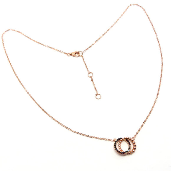PS15.6 Double Circle Black Cubic Zirconia Necklace Rose Gold Plated Sterling Silver