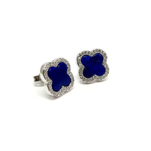TC8.23 Four Leaf Clover Lapis Lazuli Cubic Zirconia Stud Earrings Sterling Silver