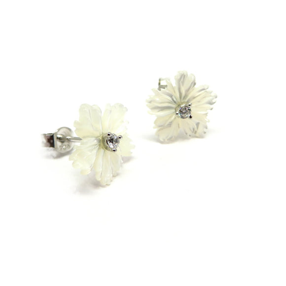 TC8.42 Flower Mother-of-Pearl Cubic Zirconia Stud Earrings Sterling Silver