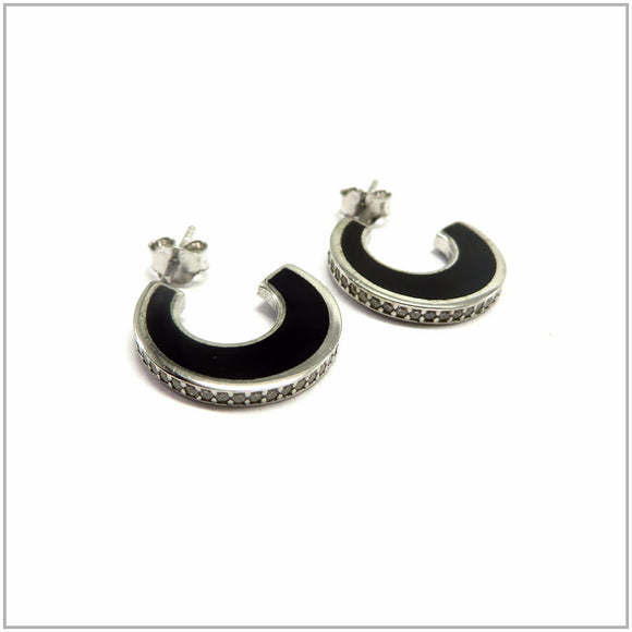 TU2.31 Black Enamel Cubic Zirconia Sterling Silver Hoop Earrings