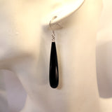 YS7.15 Long Teardrop Black Agate Hook Earrings Sterling Silver