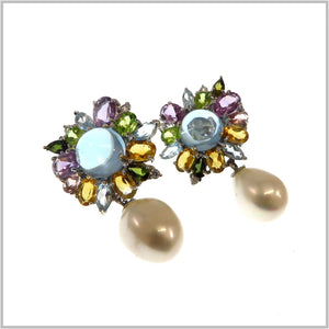 AN4.73 Blue Topaz, multi-color Gemstones and Fresh Water Pearl Earrings