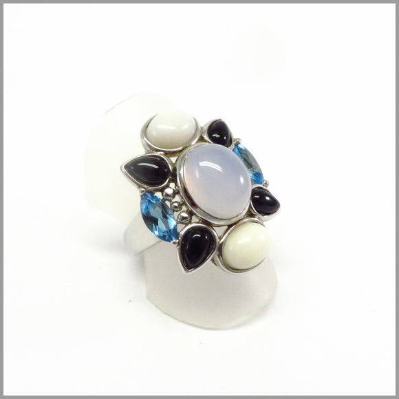 HG11.41 Chalcedony, Opal, Agate & Topaz Floral Ring