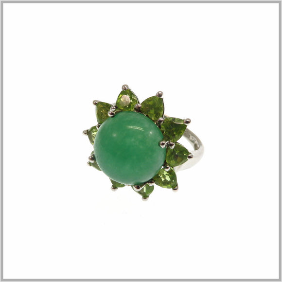 HG28.91 Green Jade & Peridot Flower Sterling Silver Ring