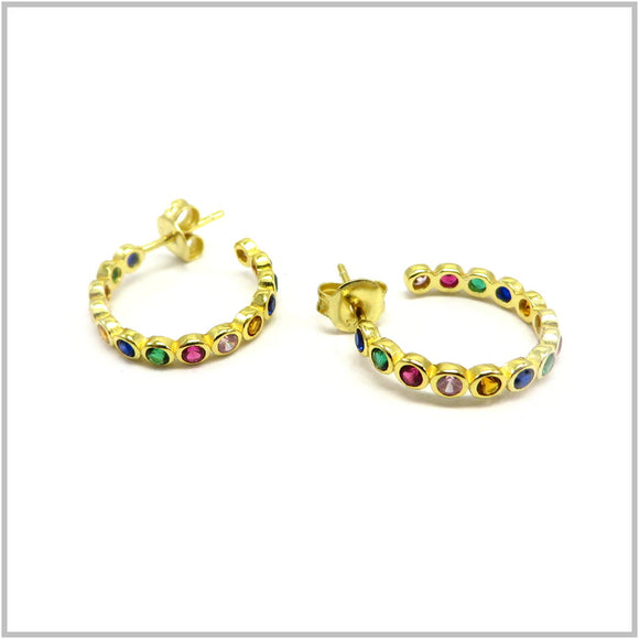 PS12.23 Multi-Colored Cubic Zirconia Gold Plated Sterling Silver Hoop Earrings