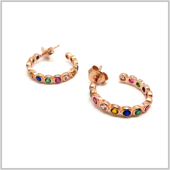 PS12.24 Multi-Colored Cubic Zirconia Rose Gold Plated Sterling Silver Hoop Earrings