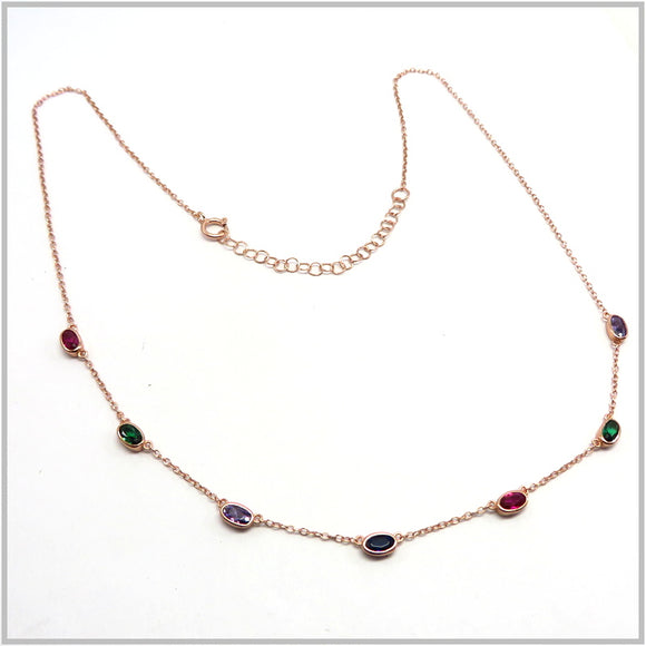 PS12.60 Multi-Colored Cubic Zirconia Rose Gold Plated Sterling Silver Necklace